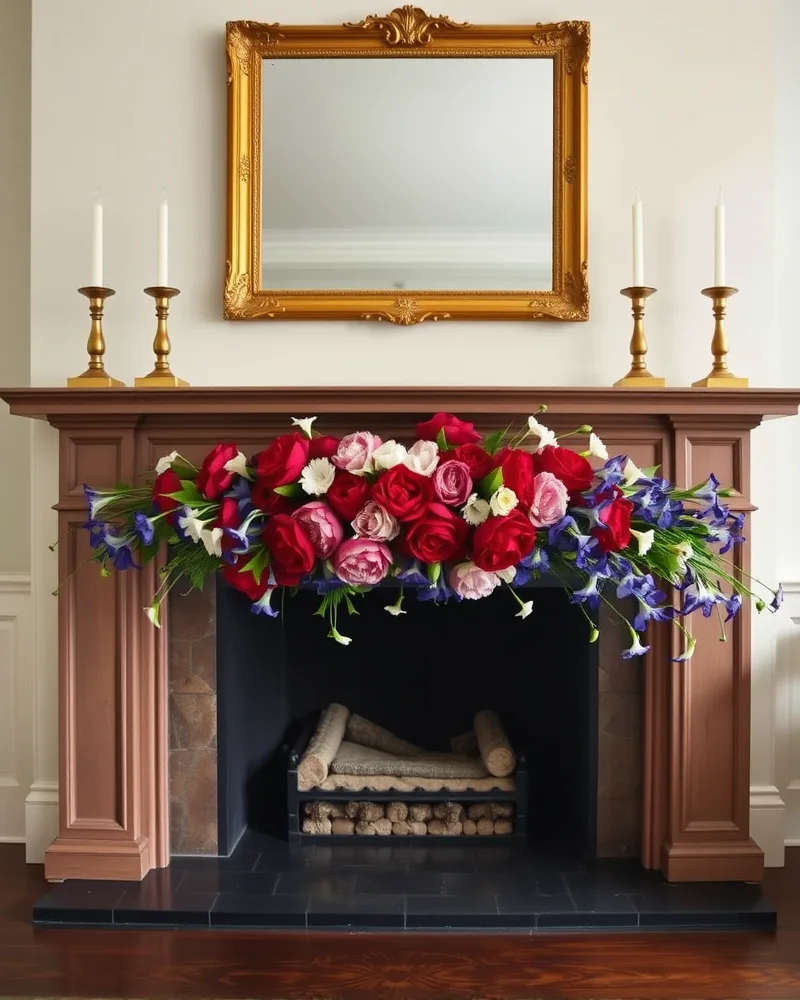A sophisticated living room fireplace mantel featuring a horizontal arrangement of red peonies, white snapdragons, and blue irises, styled with brass candles and a gold-framed mirror.