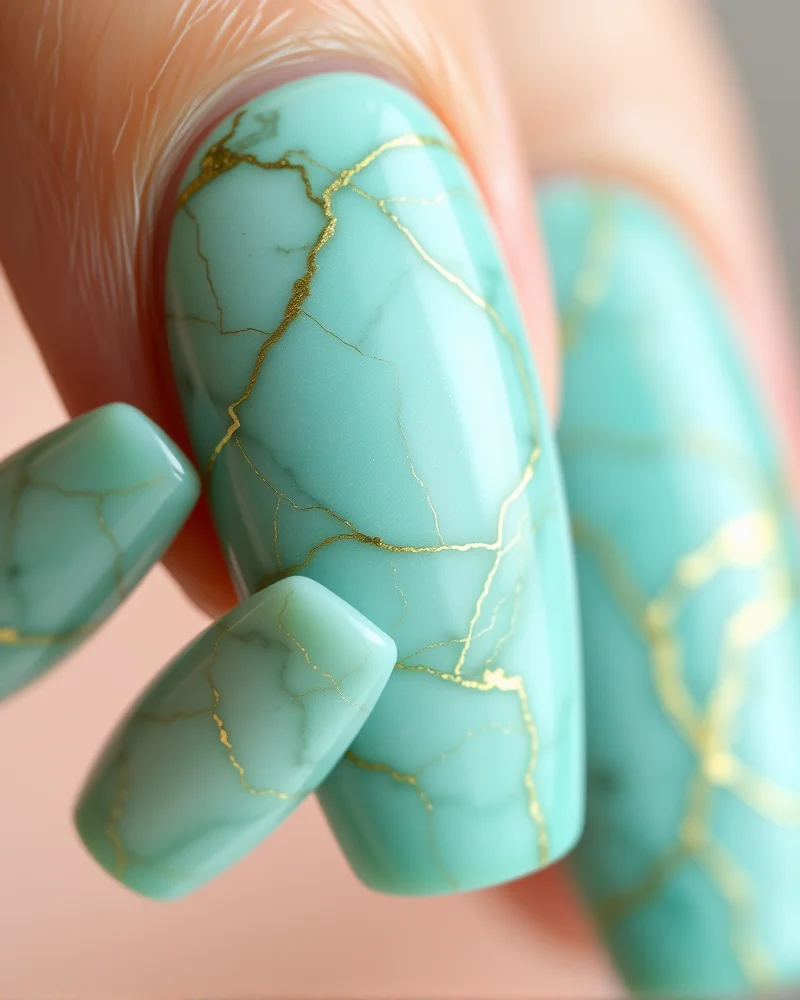 7 Beach Nail Art Designs That Are Trending This Summer 7 Coffin nails featuring a realistic turquoise gemstone marble effect with gold veins.