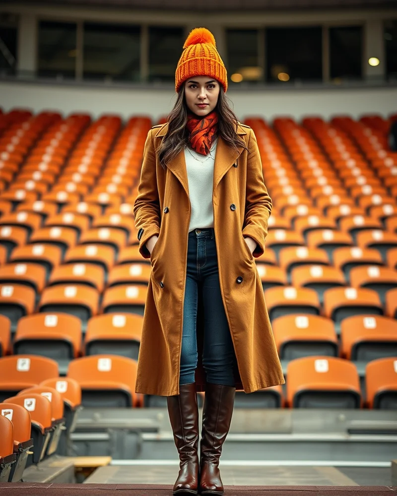 A stylish woman in a wool beanie and trench coat, emphasizing a chic, cold-weather stadium look.