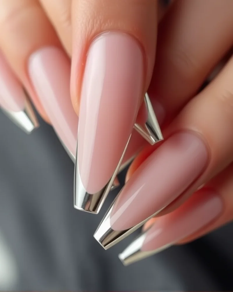 Long coffin-shaped nails with a clear nude base and a bold, reflective silver chrome French tip design.