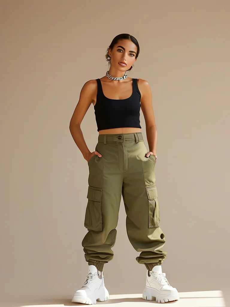 A woman sports a trendy baseball game outfit featuring olive green cargo pants, a black crop top, and chunky sneakers.