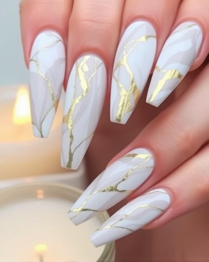 Long ballerina-shaped nails featuring a complex white, grey, and gold foil marble pattern with a high-shine finish.