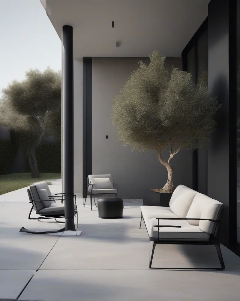 9 Summer Front Porch Decor Ideas That Will Make Your Neighbors Jealous 7 A clean, modern minimalist front porch featuring polished concrete floors, sleek black metal furniture, and a single sculptural olive tree in a matte black pot.
