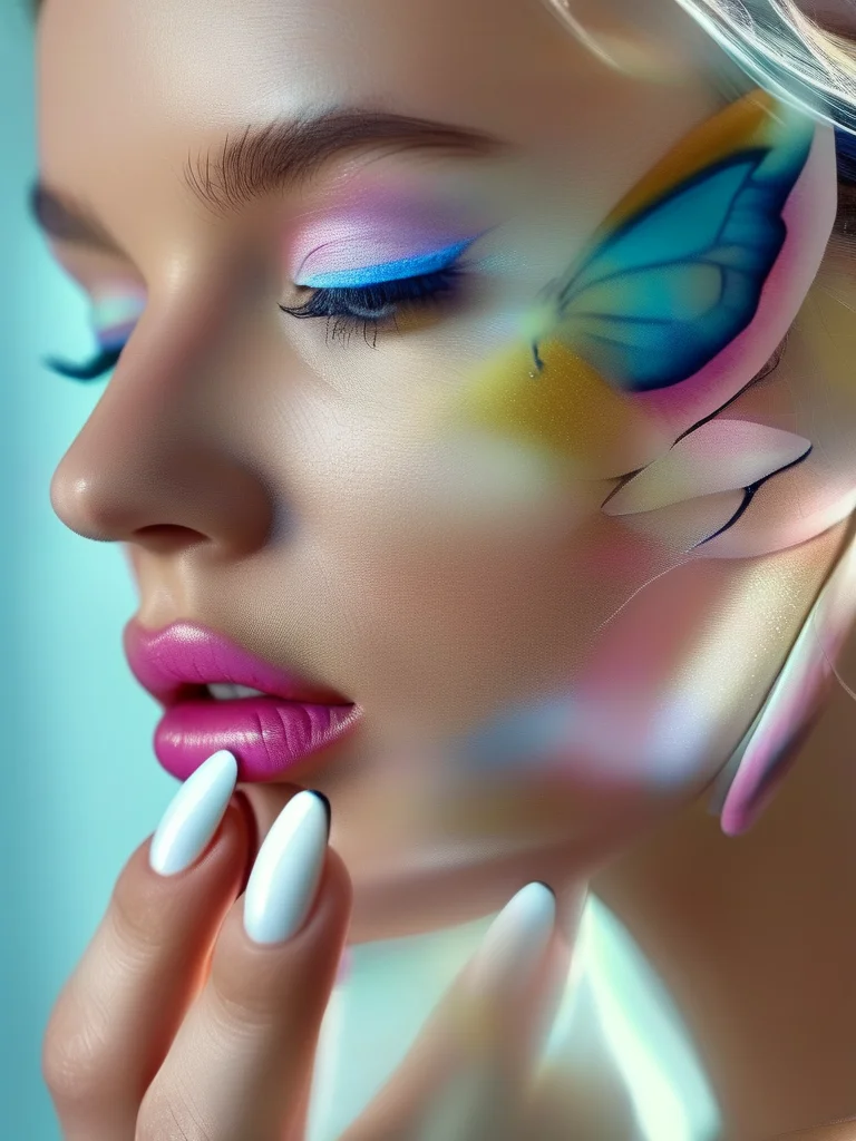 Close-up of a woman's long stiletto nails with a glossy white base. The nails display soft, blended watercolour-style butterfly wings in pastel blue, pink, and yellow, with intentionally blurred edges, creating a dreamy and ethereal artistic effect.