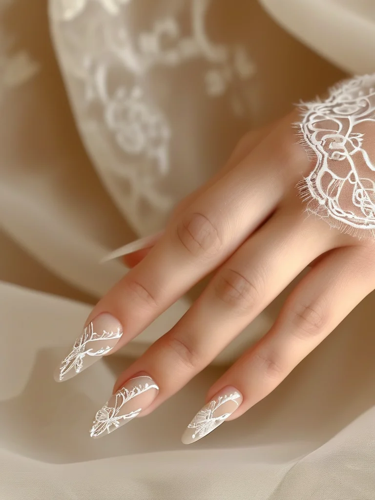 Medium-length coffin nails with a sheer milky white base, adorned with intricate, hand-painted white lace patterns for a romantic and vintage prom manicure.