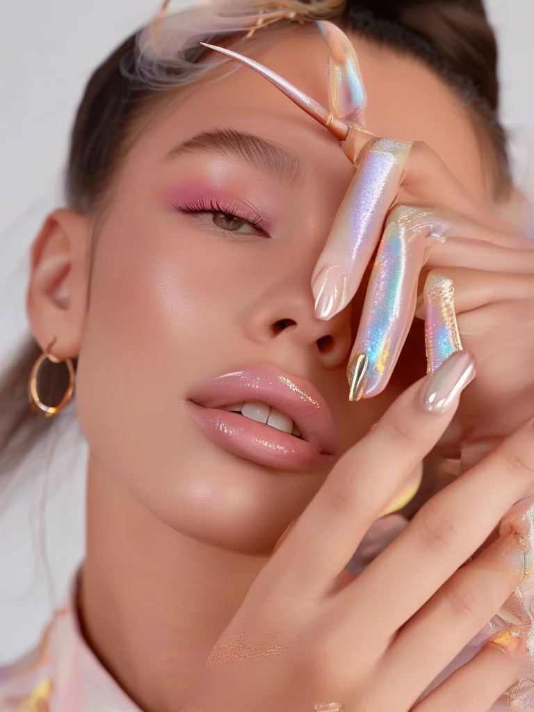 Long stiletto nails featuring a sheer, iridescent base with holographic foil detailing that resembles intricate butterfly wing patterns, exhibiting a prismatic, glossy finish.
