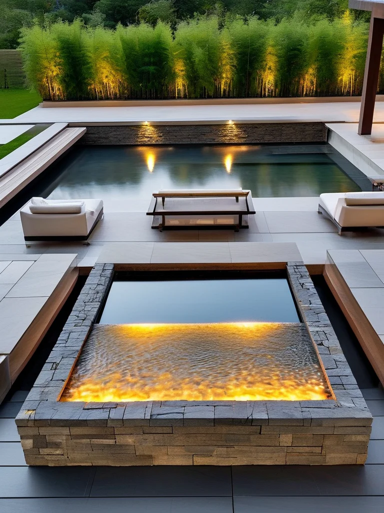 A contemporary outdoor patio showcases a sophisticated DIY stacked slate fountain, where water gently cascades over textured natural stone. The fountain is set within a clean, modern landscape featuring ornamental grasses in minimalist planters and smooth concrete pavers. Modern outdoor furniture and subtle integrated lighting create an elegant, ambient evening setting.