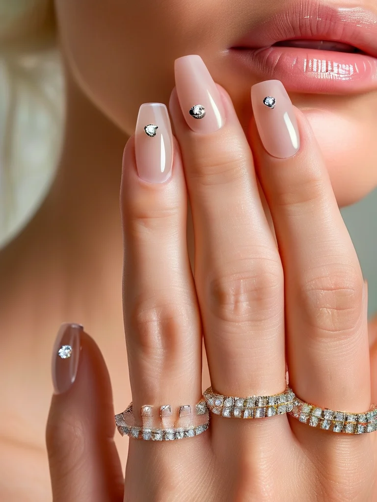 A macro close-up of a woman's hand displaying long square nails with a clear jelly base, adorned with delicate crystal rhinestones clustered near the cuticle and realistic clear gel 'dew drops' scattered on the nail plate, all with a high-gloss finish, exuding a luxurious and sparkling prom elegance.