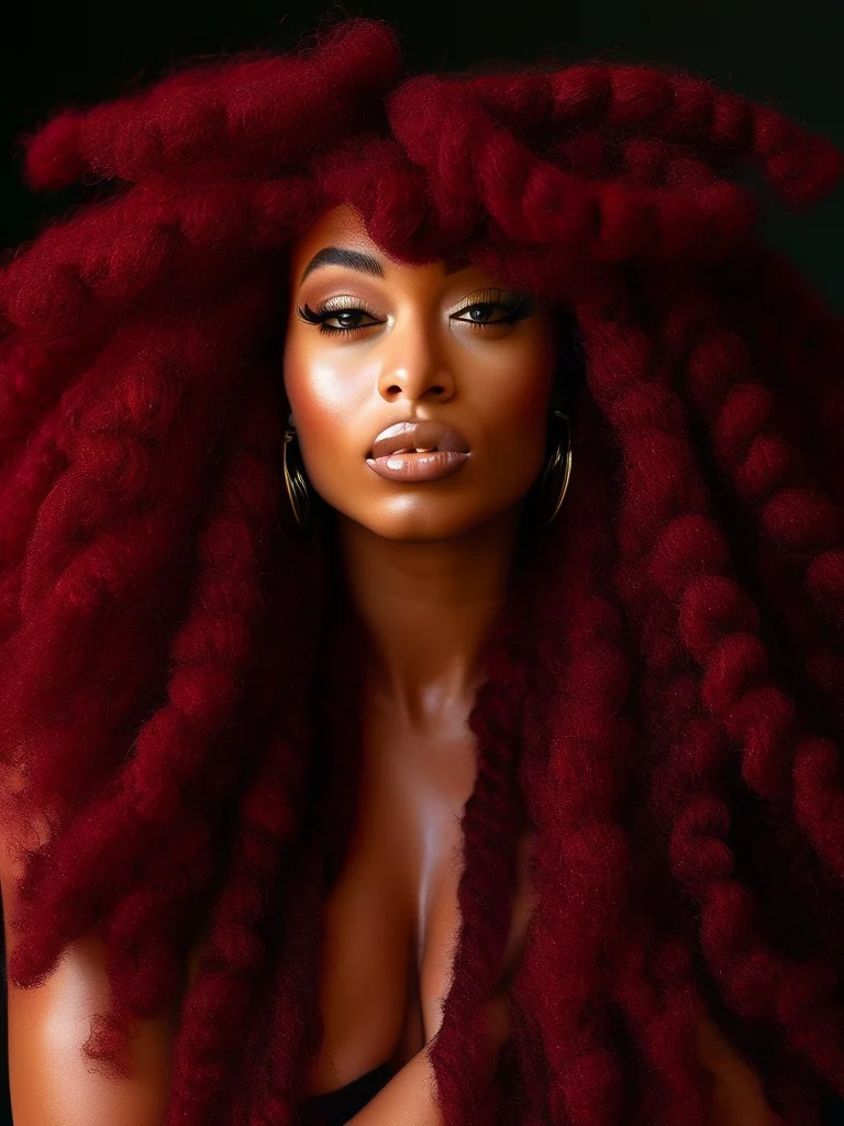 20+ Stunning Goddess Braid Styles to Elevate Your Look 7 A vibrant editorial portrait showcasing a woman with very thick, chunky goddess braids in a deep burgundy hue. The prominent braids boldly frame her face, their rich color and texture vividly illuminated by warm natural daylight.
