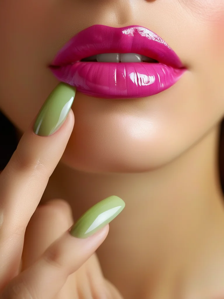 Close-up of squoval nails with a glossy sheer pink base, featuring an ultra-fine, crisp micro French tip in a muted sage green. This minimalist design offers a sophisticated and subtle nod to spring's greenery.