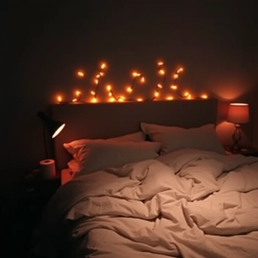 A moody, dimly lit bedroom at night with soft ambient lighting creating a warm and relaxing atmosphere on the bed.