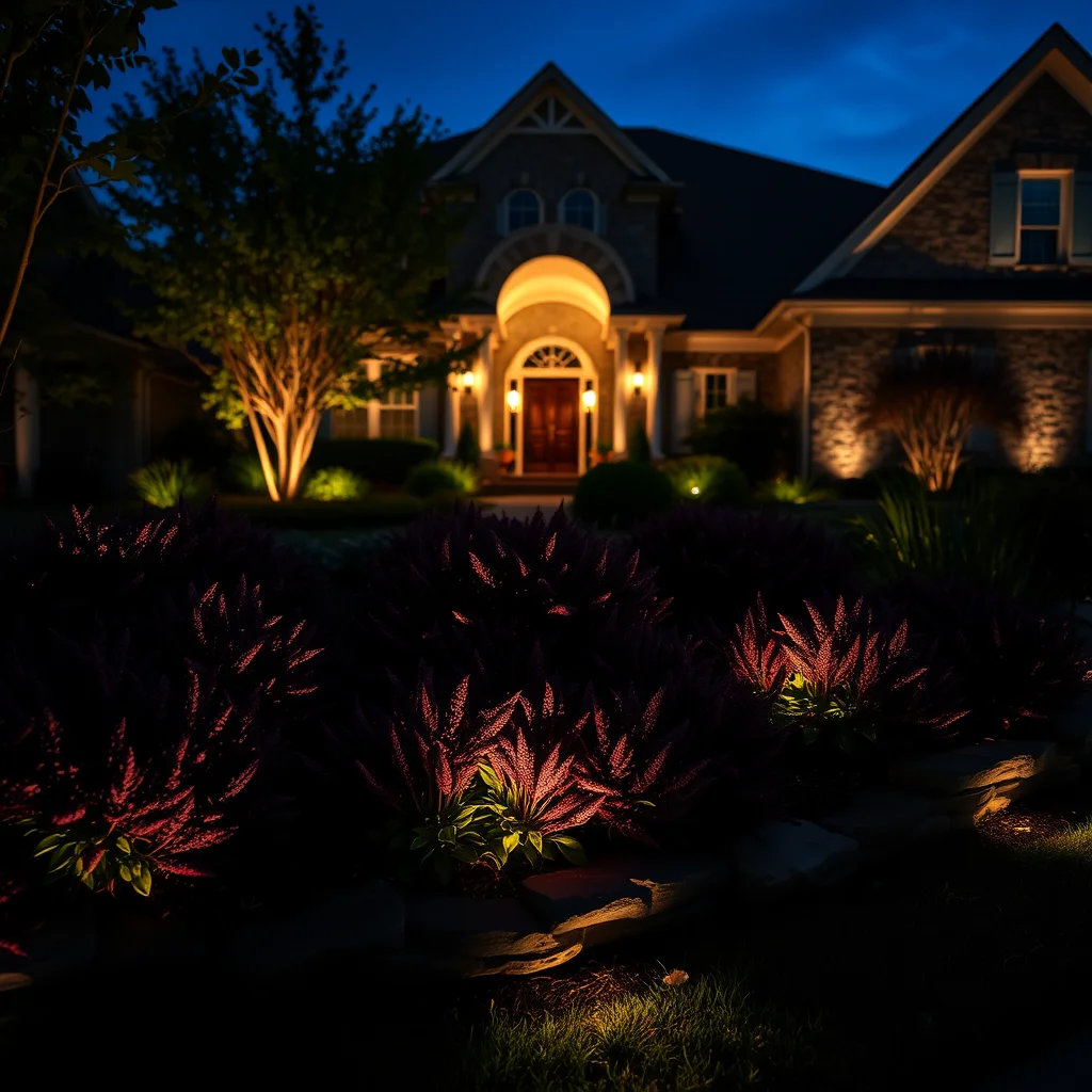 A beautifully landscaped front garden illuminated at night by warm LED landscape lights.