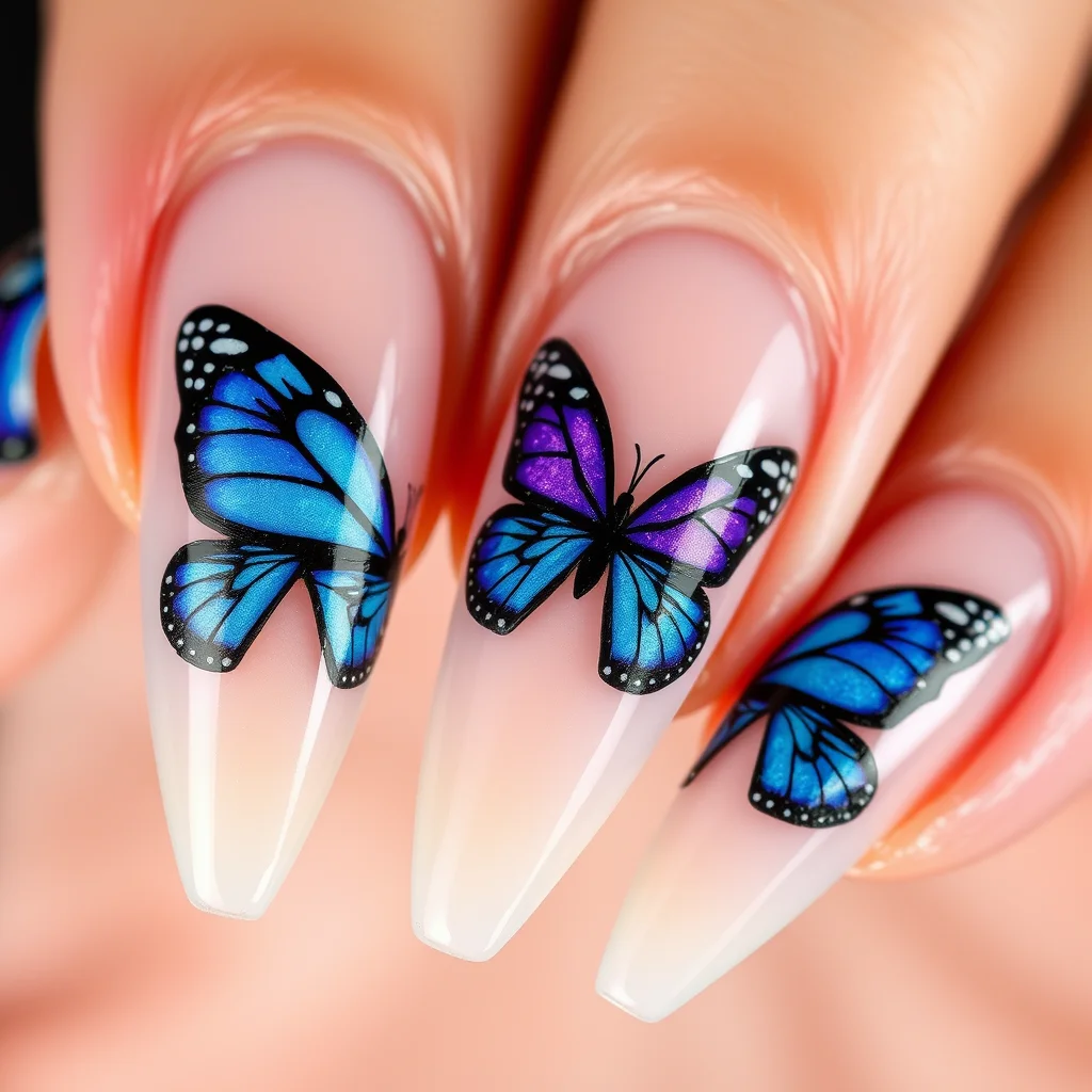 7 Spring Stiletto Nails Trends That Are Taking Over Pinterest Right Now 8 Long stiletto nails with detailed blue and purple butterfly wing patterns painted on each nail.