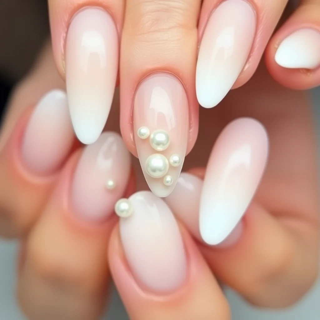 Almond nails with a soft nude-to-white ombre and a gradient of scattered pearls.