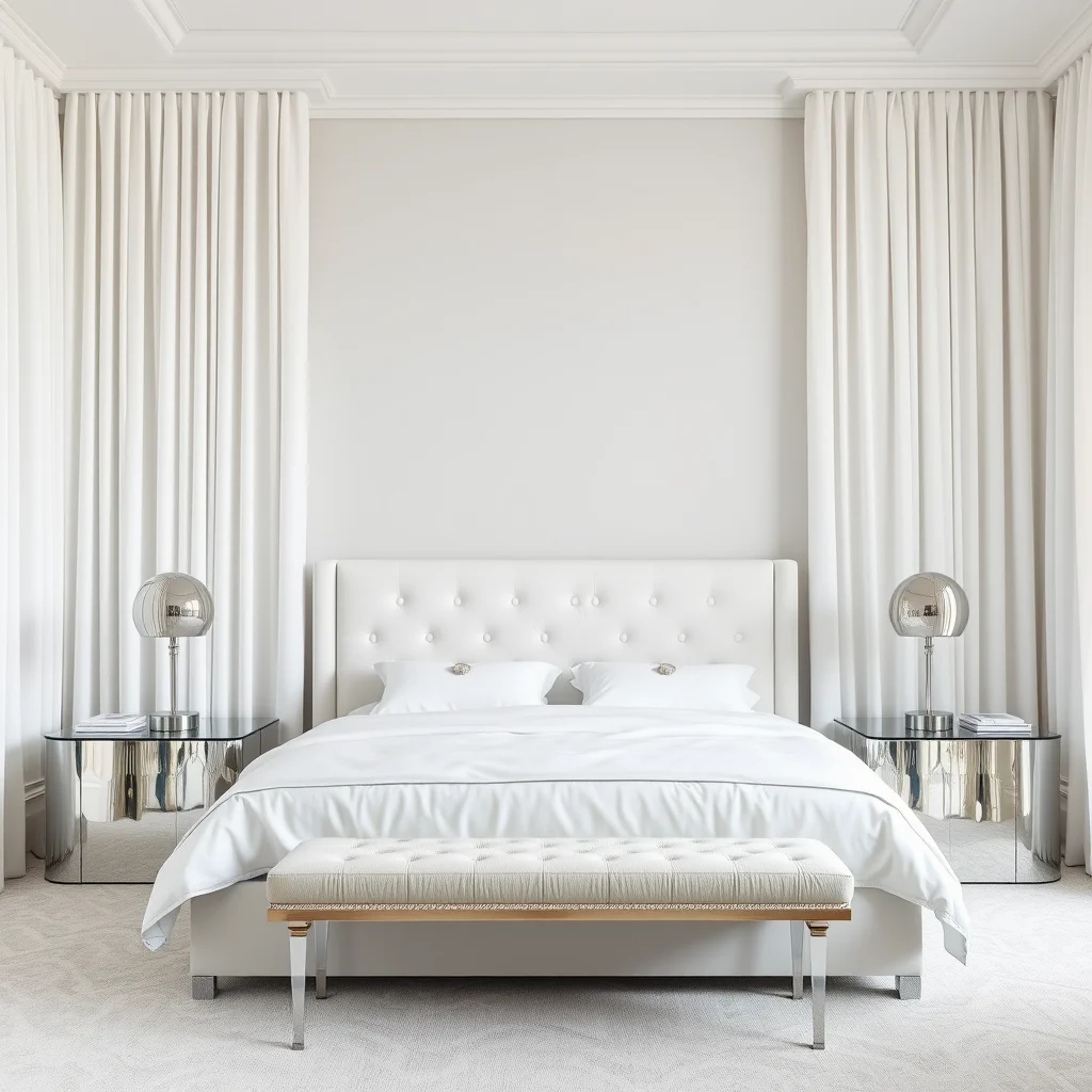 A luxurious bedroom interior featuring elegant, long white curtains, a tufted headboard, and high-end styling details that create an upscale look.