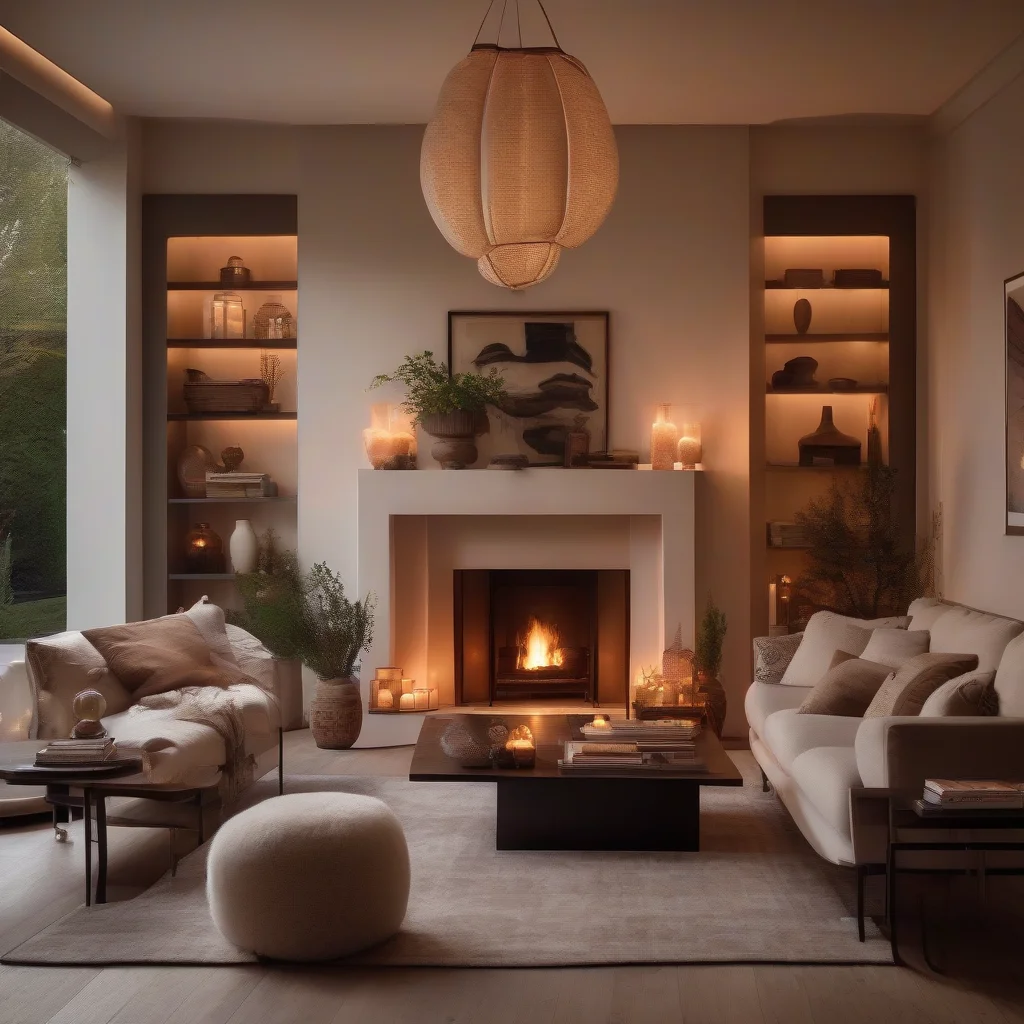 7 June Calendar Hacks to Transform Your Home for Summer 8 A modern, cozy living room at sunset with warm ambient lighting and stylish lanterns, creating a perfect atmosphere for long June evenings.