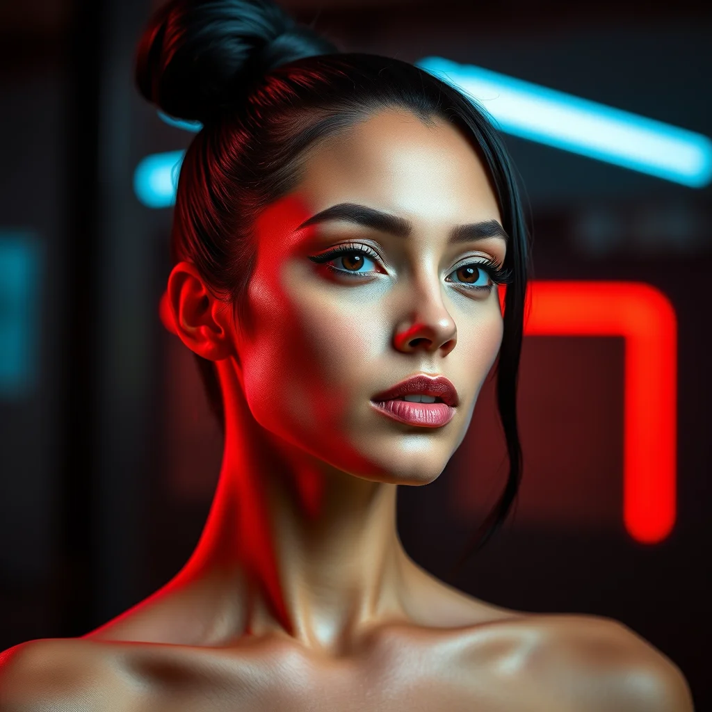 7 Lip Liner Tutorial Secrets for the Perfect Pout 8 A close-up portrait of a woman with a sleek, high espresso-colored ponytail and sharp edges, shot under moody neon-accented lighting.