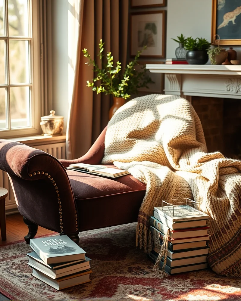 A peaceful reading nook featuring a velvet chaise lounge and a warm cup of tea, emphasizing a cozy lifestyle.