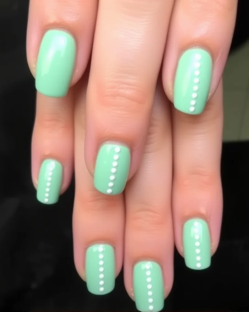 Short rounded nails painted in a soft mint green, adorned with tiny, minimalist white polka dots.