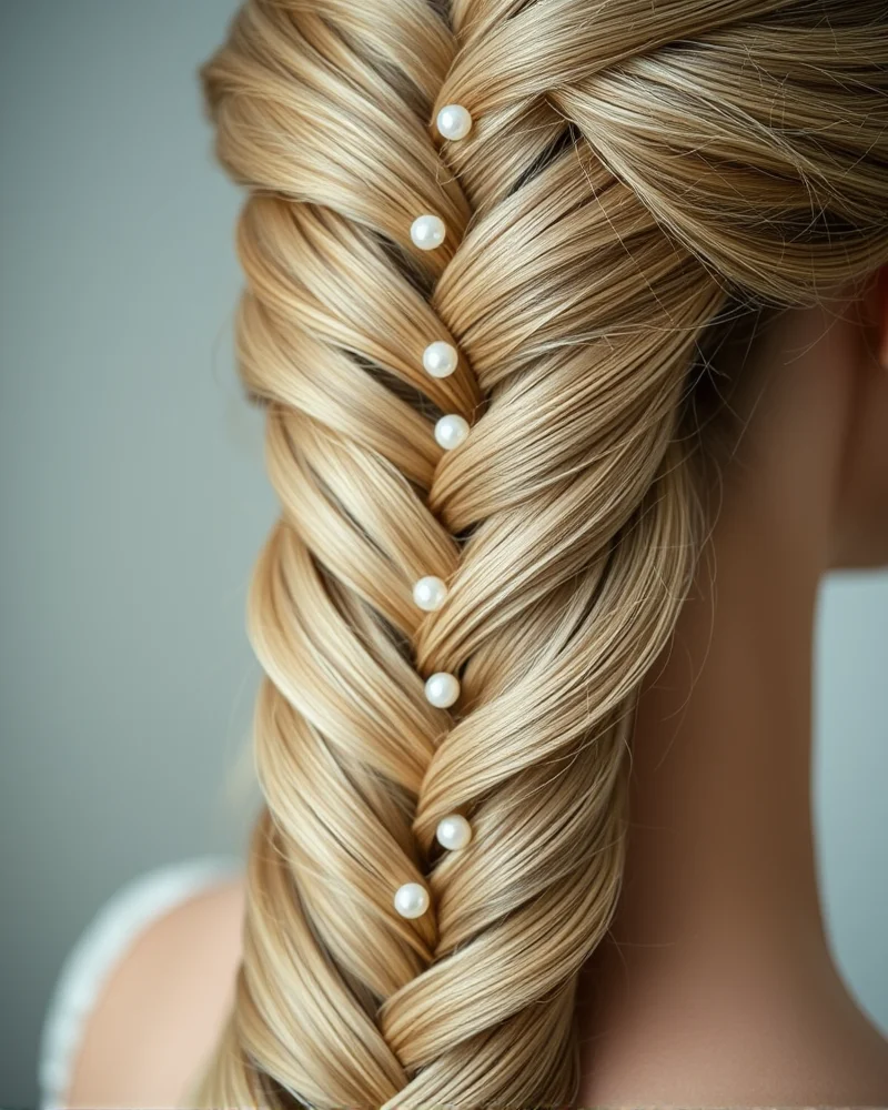 A beautiful shot of a finished waterfall braid adorned with small pearl hair pins, showcasing luxury styling.