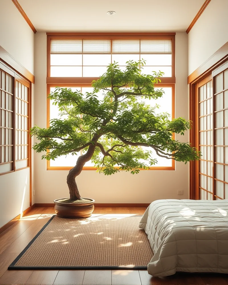 A bright bedroom with a large bonsai tree, natural fiber rug, and shoji-inspired shades, perfectly blending the indoors with nature.