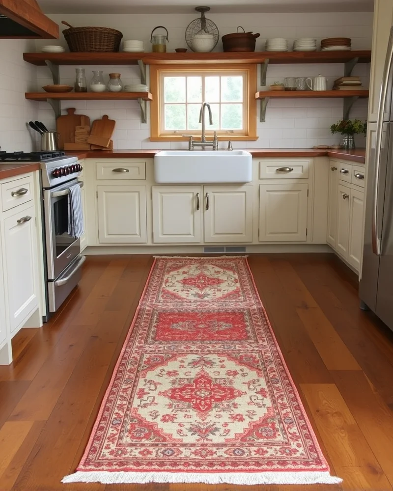 7 Viral Farmhouse Kitchen Decor Trends That Will Transform Your Home 8 A long vintage-inspired runner rug with soft faded floral patterns placed on polished wooden floors in front of a farmhouse sink.