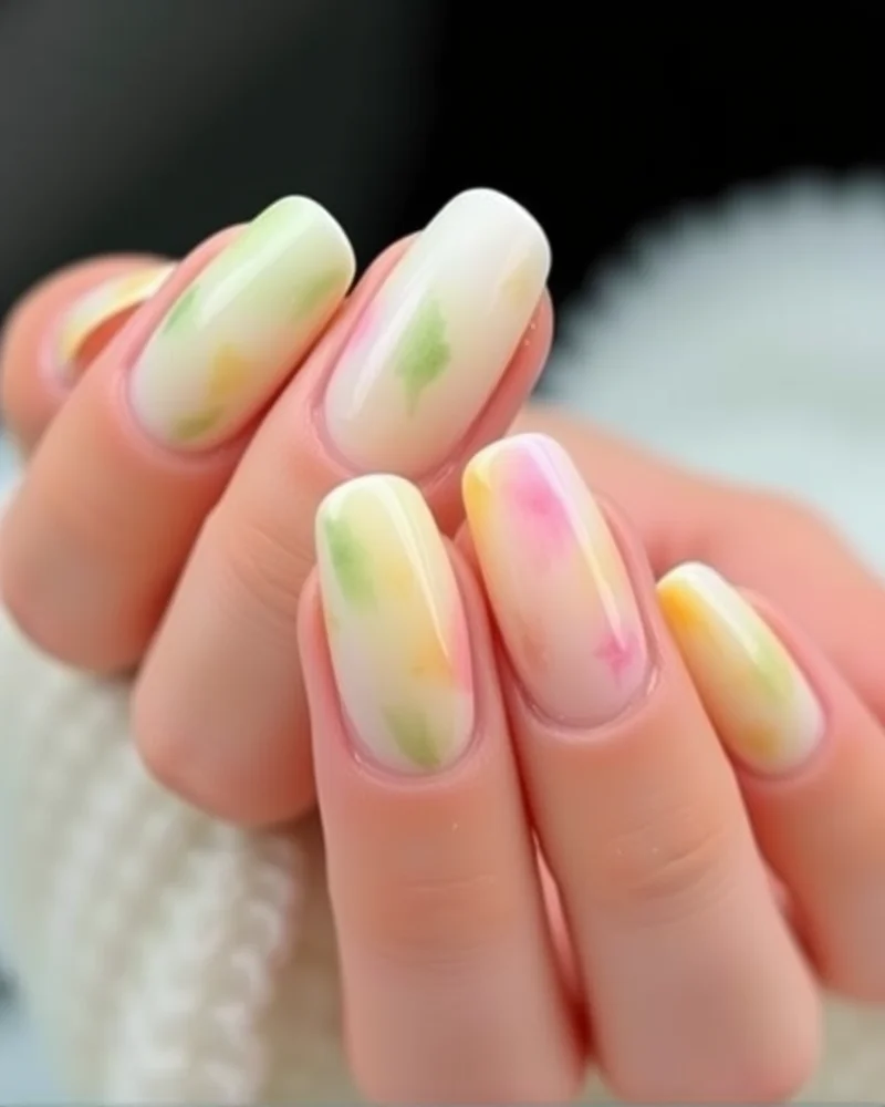 7 Dreamy Watercolor Nail Art Designs You Need to Try This Season 8 Medium oval nails featuring a dreamy blend of sage green, baby pink, and butter yellow, finished with a high-gloss gel coat.