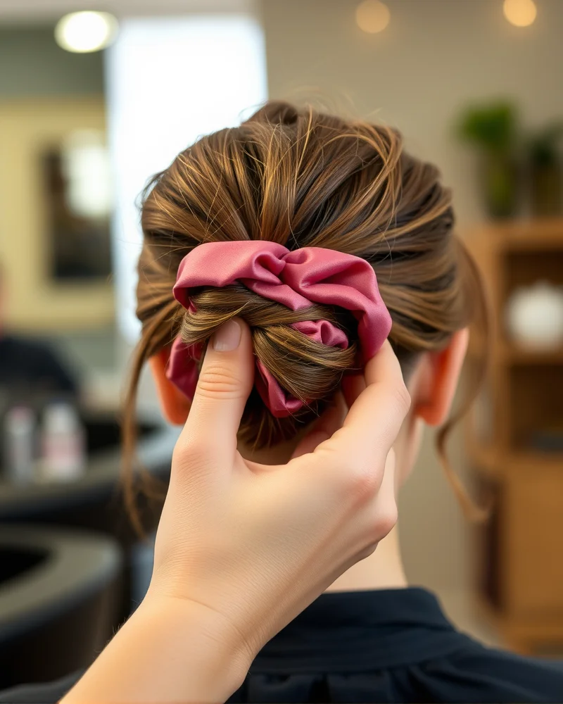 7 Effortless Messy Bun Hairstyle Hacks for an Instant Glow-Up 8 A close-up shot showing a hand securing a messy bun with a luxury silk scrunchie. The hair is shiny and well-cared for, captured under salon lighting.