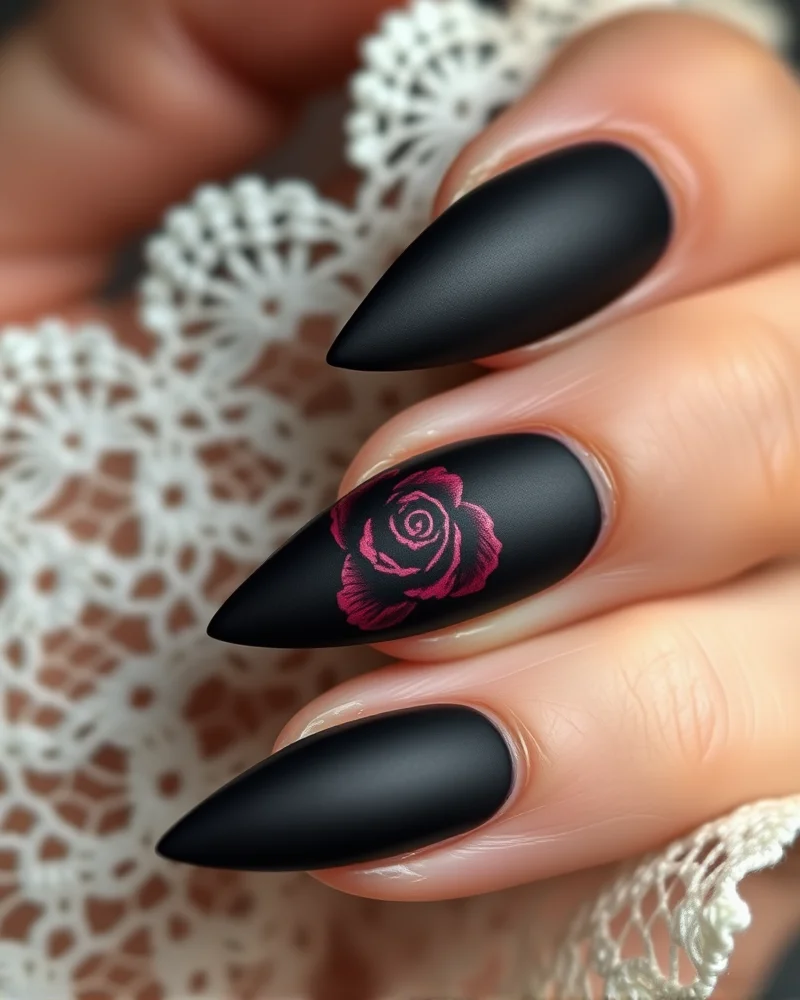 Stiletto-shaped matte black nails with a detailed, hand-painted dark floral rose design on the ring finger, set against delicate vintage lace.