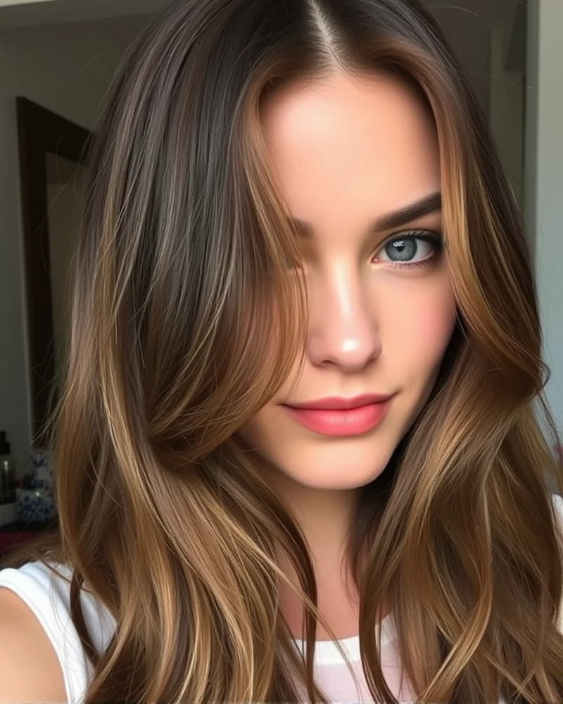 7 Viral Face Framing Highlights That Will Instantly Brighten Your Complexion 8 A woman with soft, natural brown hair showing subtle, almost hidden face-framing highlights that create a soft glow around her face.