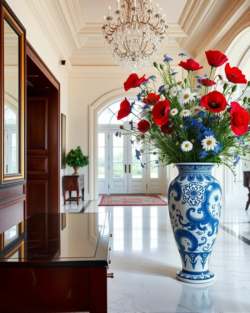 A grand entryway with a blue and white ceramic vase filled with a wild mix of red poppies, white chamomile, and blue cornflowers, set against a backdrop of marble flooring.