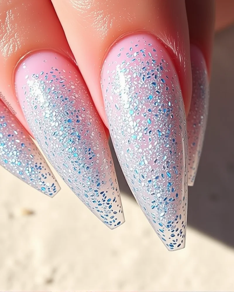 7 Beach Nail Art Designs That Are Trending This Summer 8 Stiletto-shaped nails with a translucent base and dense glitter tips resembling sea salt.