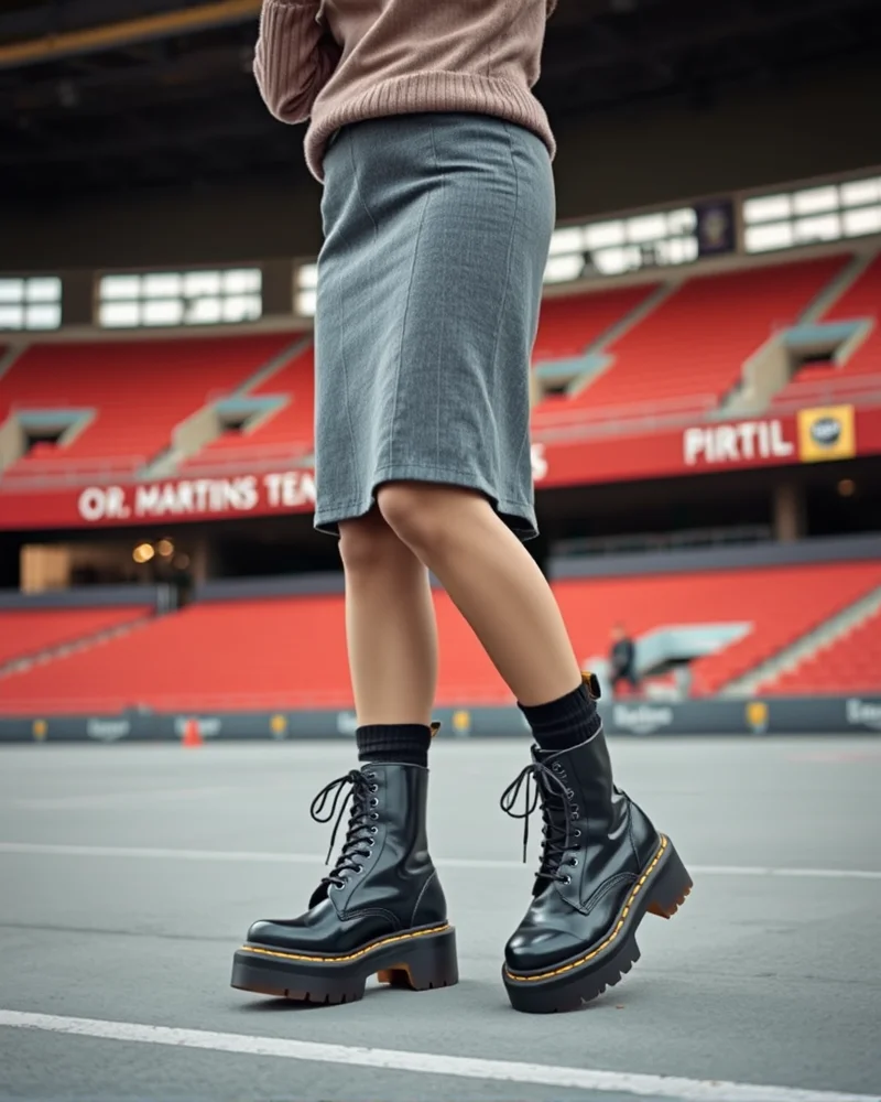 Woman wearing stylish platform boots and a skirt with warm layers, perfect for a stylish stadium day.