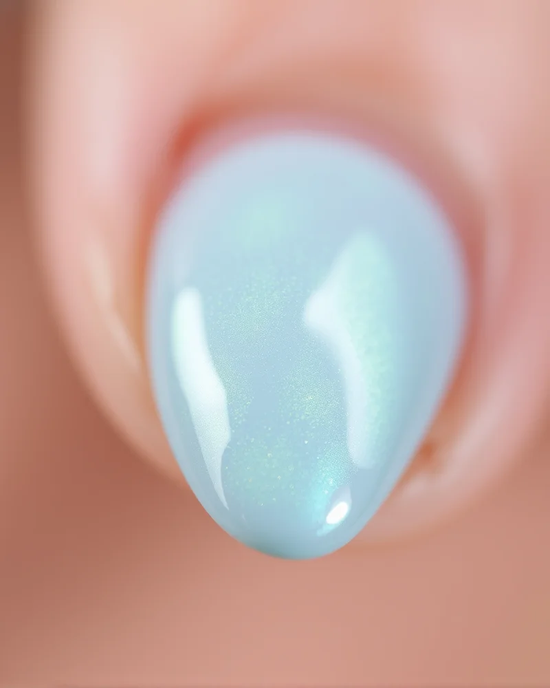 Almond-shaped nails with a light blue base and an iridescent multi-color chrome finish that looks like mermaid scales.