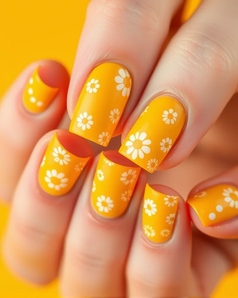 Square nails painted in retro mustard yellow with stylized white and orange daisy patterns in a matte finish.