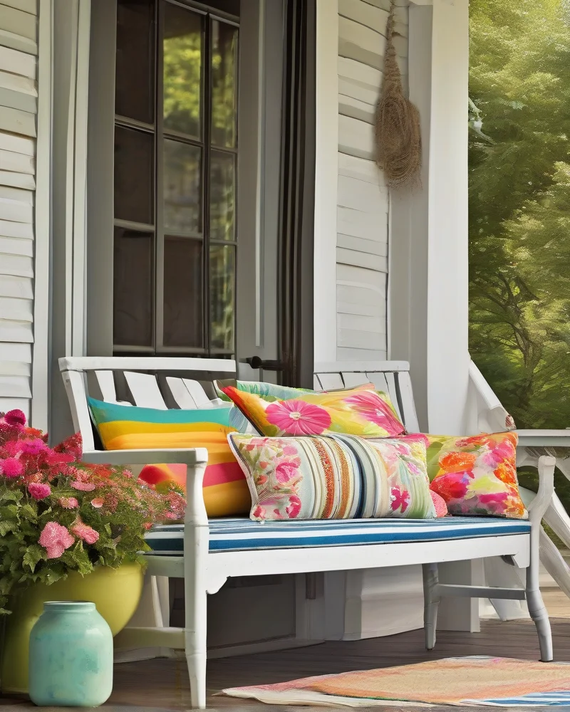 9 Summer Front Porch Decor Ideas That Will Make Your Neighbors Jealous 8 A bright and cheerful summer porch featuring a light wood bench topped with patterned pillows and a cozy striped throw, full of life and color.