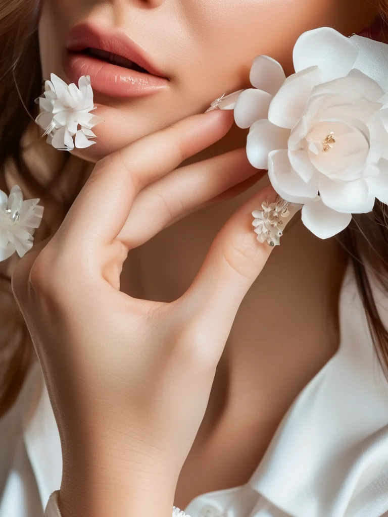 Elegant almond-shaped nails with intricate 3D sculpted white flowers meticulously crafted on accent nails, adding stunning dimension.
