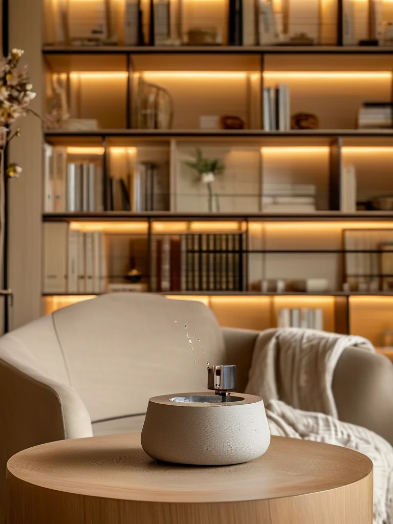 A cozy and elegantly styled living room or study featuring a DIY tabletop fountain on a modern side table, next to a comfortable armchair. The small fountain, made from a decorative ceramic pot and smooth stones, produces gentle trickling sounds. Bookshelves filled with curated items, a soft blanket, and warm ambient lighting create a sophisticated and inviting reading nook.