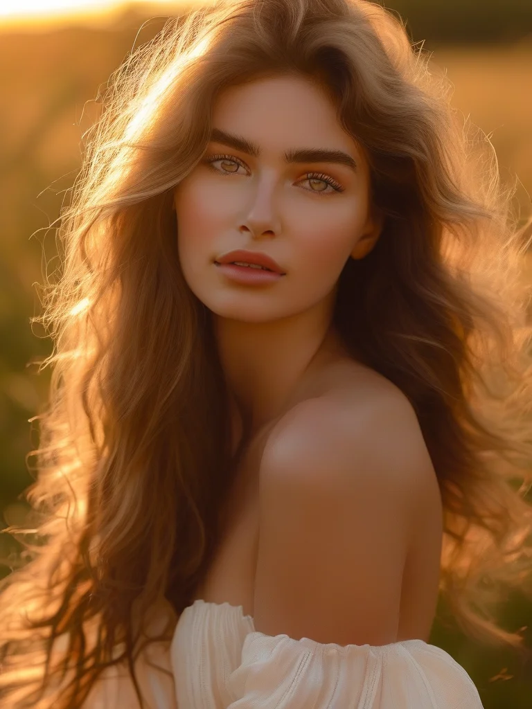 A sunny outdoor editorial beauty portrait of a woman with long, flowing chestnut-brown hair styled in soft, natural waves. The hair glows under golden hour lighting, highlighting its dimension, movement, and healthy appearance.