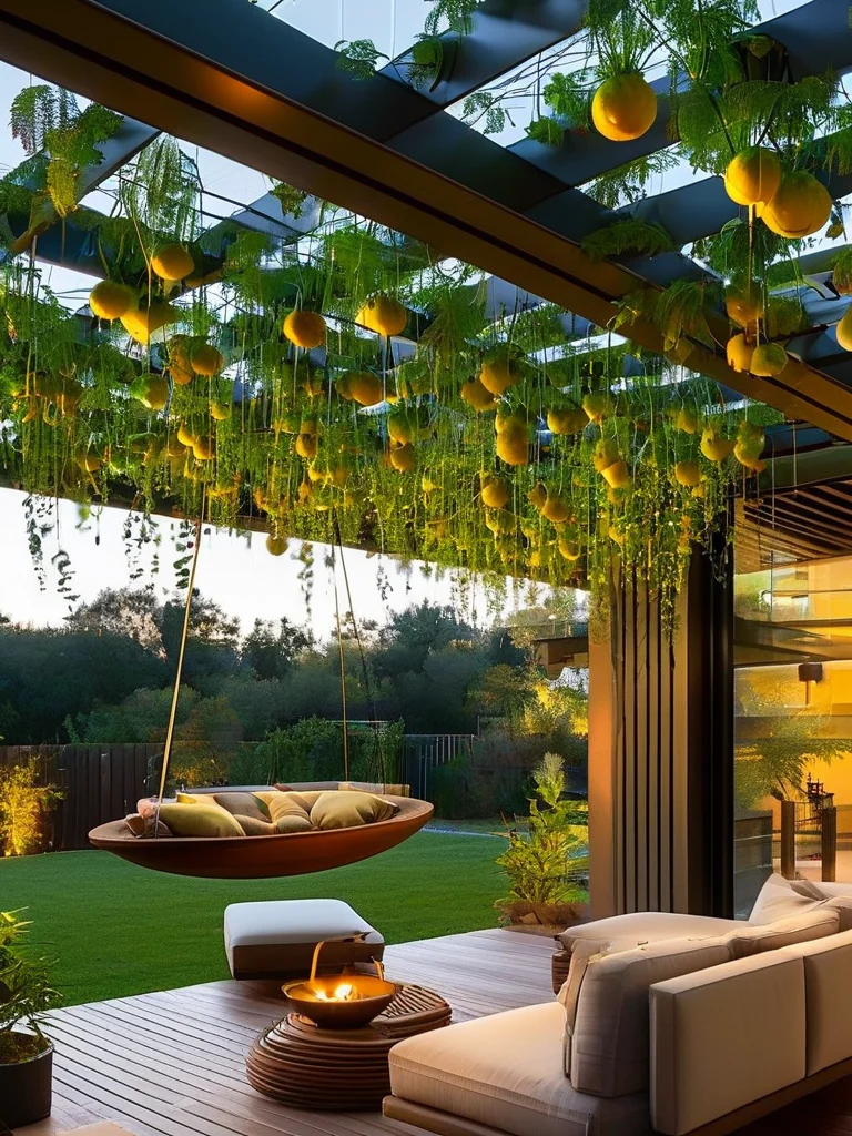 An artistic floating cucumber trellis system suspended from a modern pergola, showcasing cucumbers hanging in mid-air above a beautiful patio.
