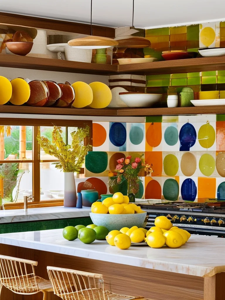 A bright, eclectic kitchen island features a cheerful centerpiece of three varying-sized, colorful ceramic bowls, playfully overflowing with whole lemons, limes, and green apples. The kitchen has open shelving, vibrant tiles, and natural light.