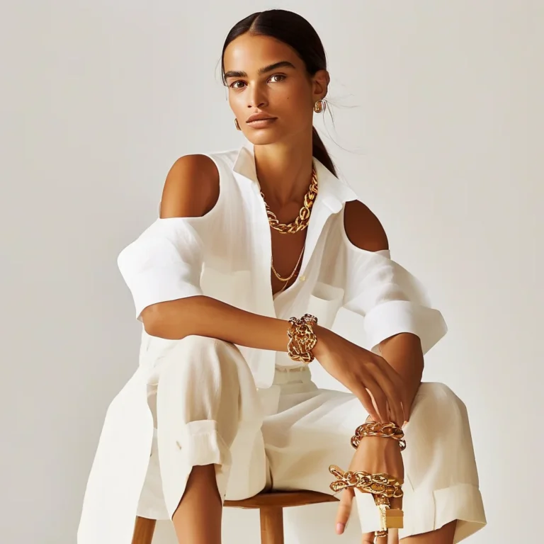 A stylish woman in a crisp white linen shirt and beige tailored trousers, showcasing a mix of gold bracelets and a cuff on her wrist. The outfit is elegantly put together for a sophisticated spring look, with a minimalist urban background.
