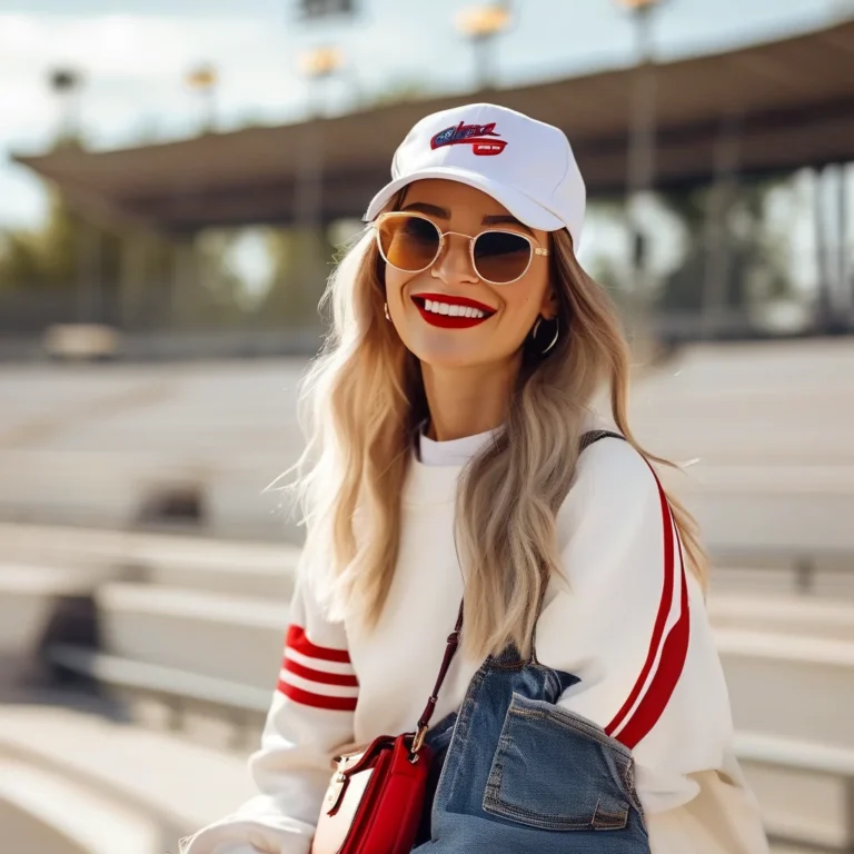A fashionable young woman poses confidently, showcasing a complete baseball game outfit featuring a red and white striped team jersey, denim shorts, and white sneakers, accessorized with a baseball cap and crossbody bag.