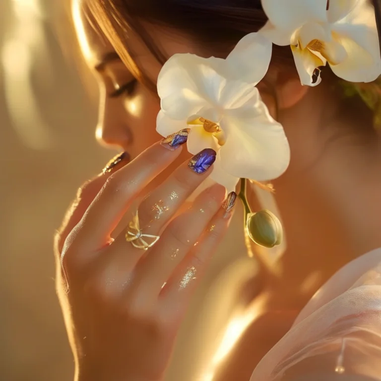 A real woman's hand with meticulously manicured almond nails, featuring iridescent blue and purple butterfly wing designs with gold accents. Her nails are glossy and reflect light as she delicately holds a white orchid stem in a luxurious setting.