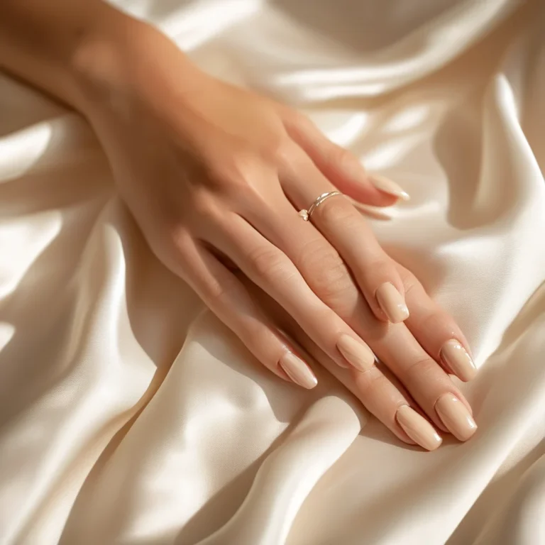10 Dazzling White Prom Nail Ideas: Your Ultimate Fairytale Finish! 8 A luxurious, close-up shot of a woman's hand showcasing flawless white almond nails with embedded pearls, resting on a soft ivory satin cushion. The lighting is soft and romantic, emphasizing the delicate beauty of the prom-ready manicure.