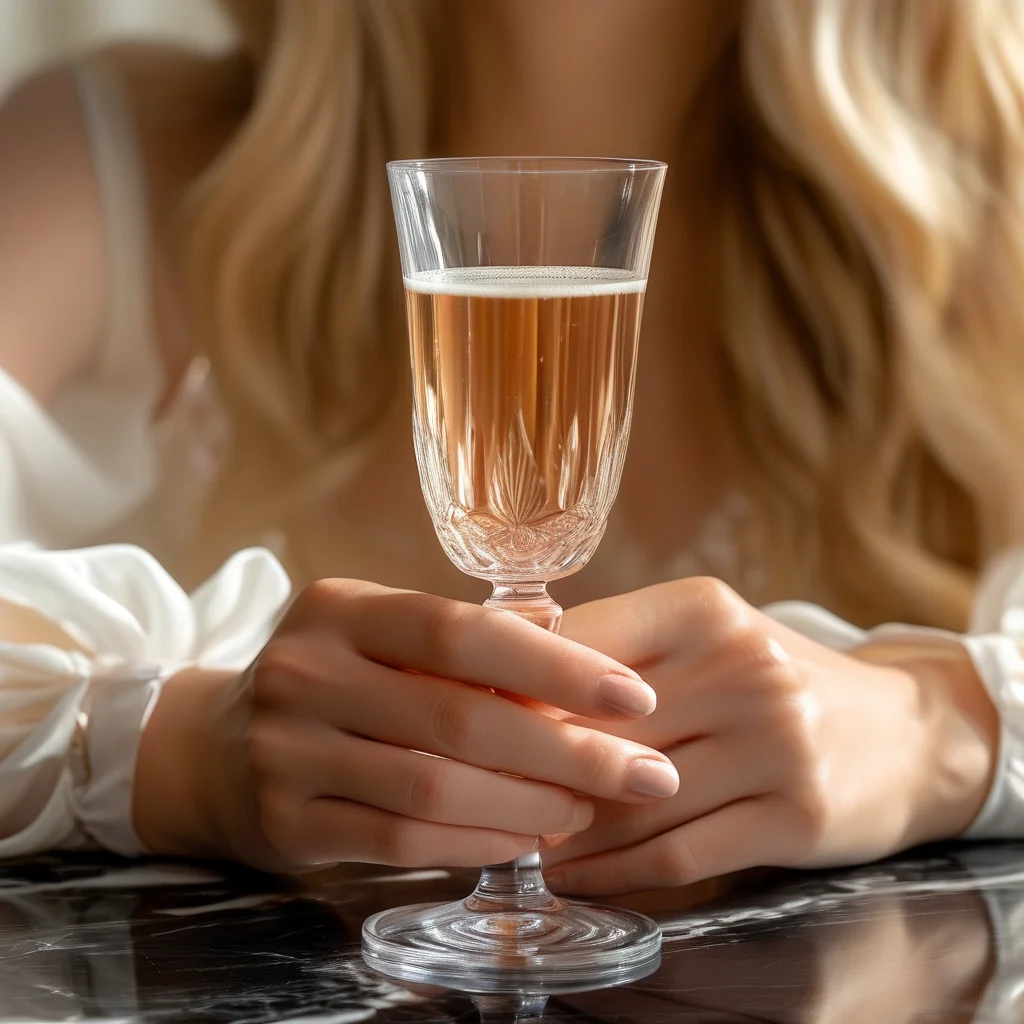 Beyond Basic: 5 Stunning Square Nail Trends You Need to See 1 A close-up of a woman's hands featuring short, perfectly square nails with a glossy neutral beige polish, holding a crystal champagne flute. The background is a softly blurred elegant marble surface, emphasizing the luxurious and sophisticated feel of the manicure.