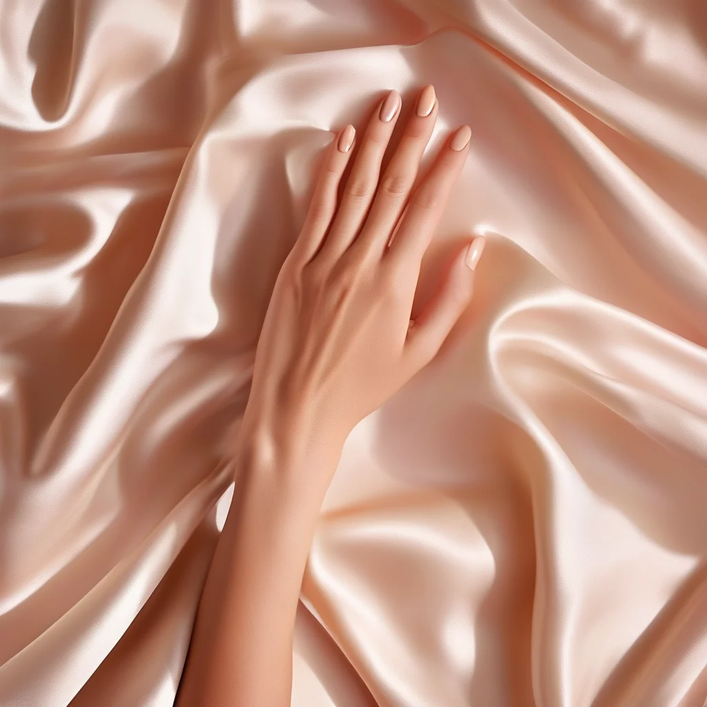 A woman's hand showcasing perfectly shaped almond nails with a seamless transition of soft pastel colors, featuring a high-gloss finish, presented against a soft, luxurious silk texture.
