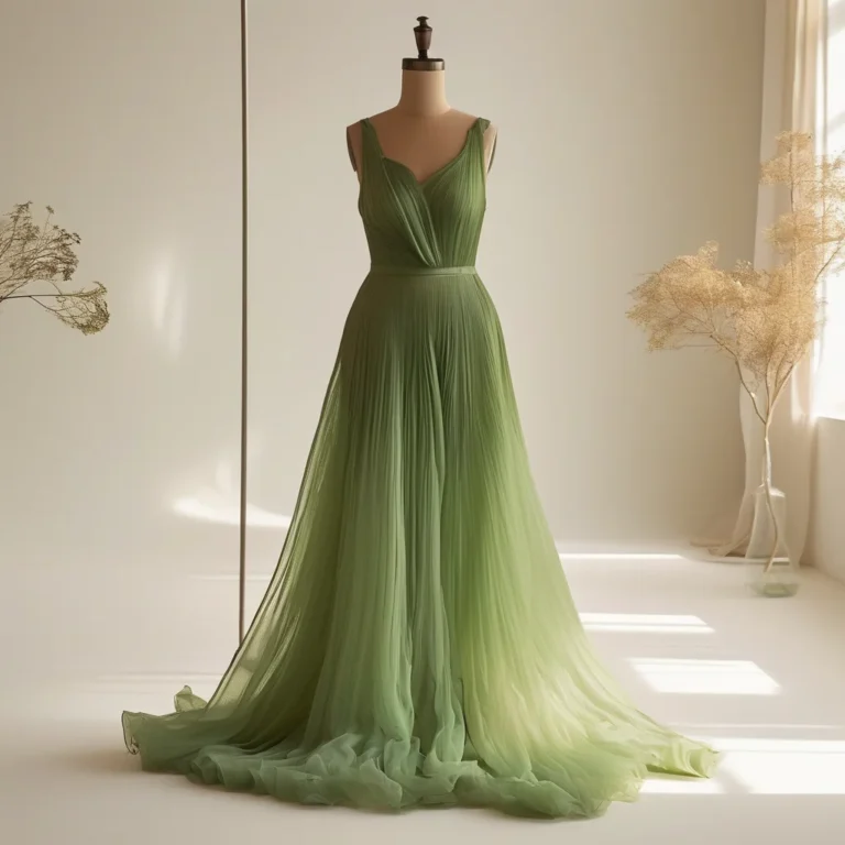 An avant-garde haute couture gown crafted from sustainable Tencel Luxe fabric, showcasing iridescent sheens and subtle bio-based dye accents, presented in a chic, minimalist studio setting.