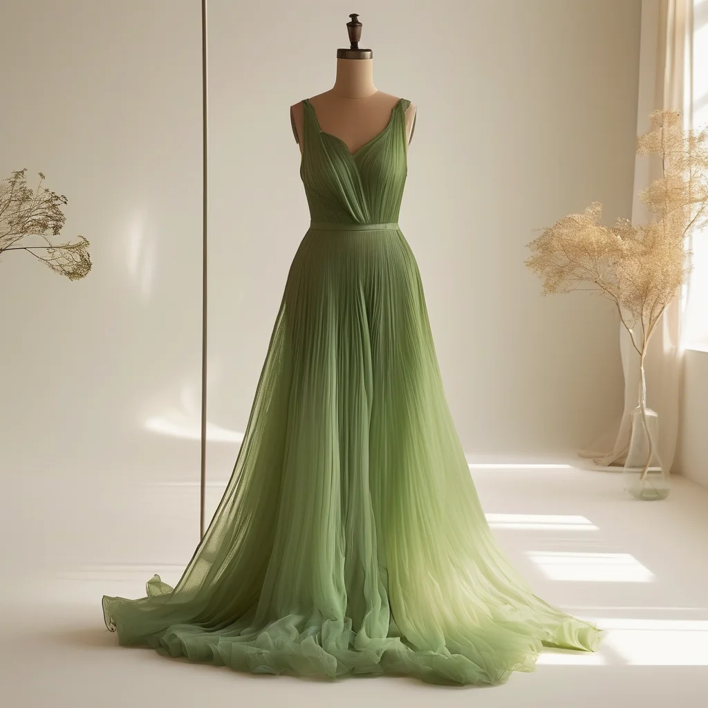 An avant-garde haute couture gown crafted from sustainable Tencel Luxe fabric, showcasing iridescent sheens and subtle bio-based dye accents, presented in a chic, minimalist studio setting.