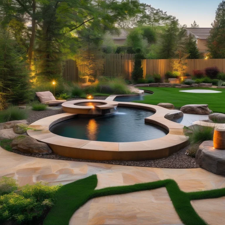 A wide-angle view of a serene backyard garden, featuring a small, integrated DIY water fountain nestled among lush green plants and natural stone pavers, with comfortable patio furniture bathed in soft, natural light, creating a peaceful outdoor living space.